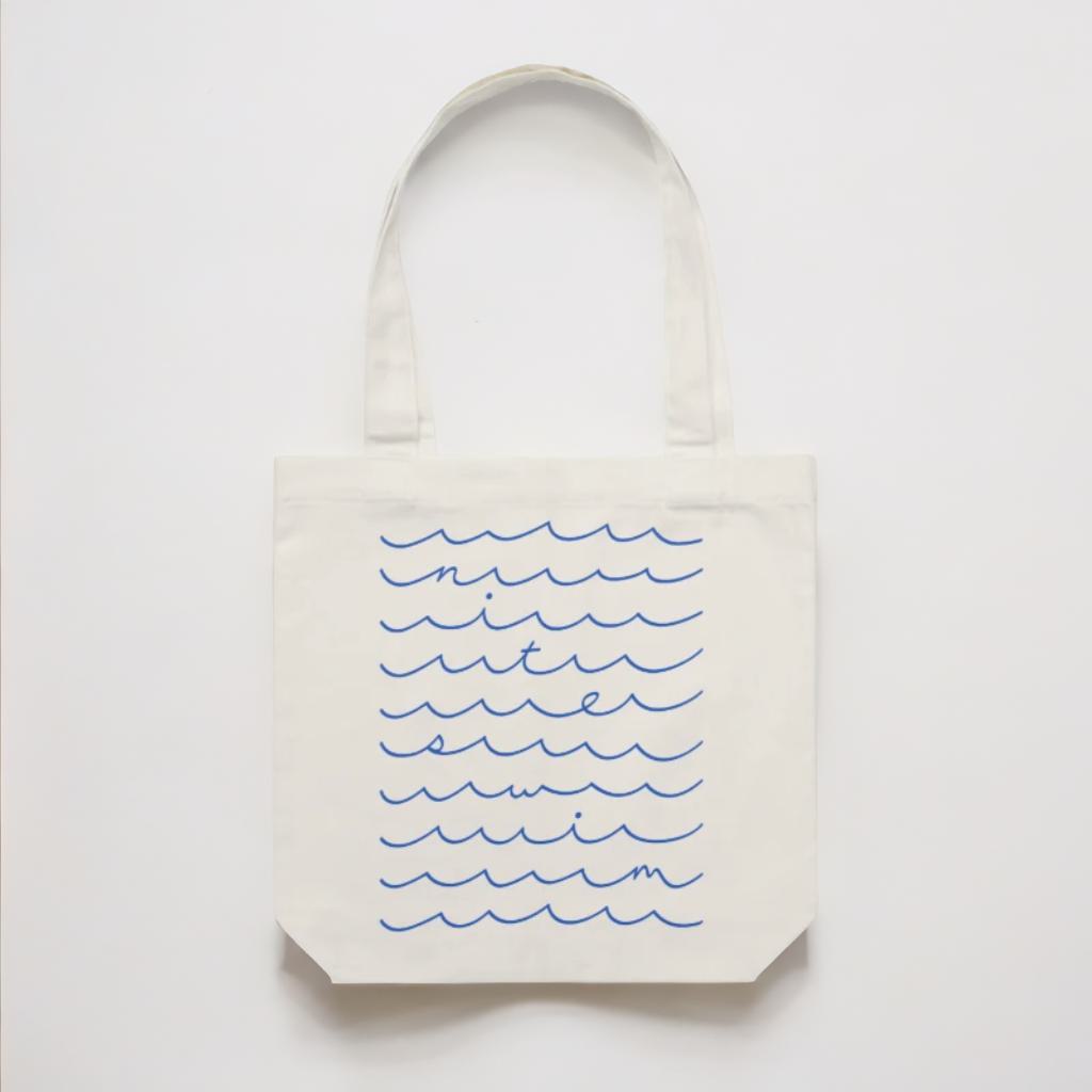 eco-friendly Tote bag with blue wave pattern on a white background