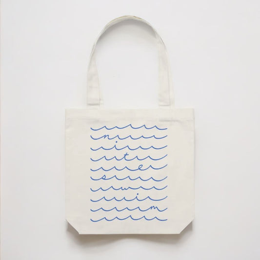 eco-friendly Tote bag with blue wave pattern on a white background